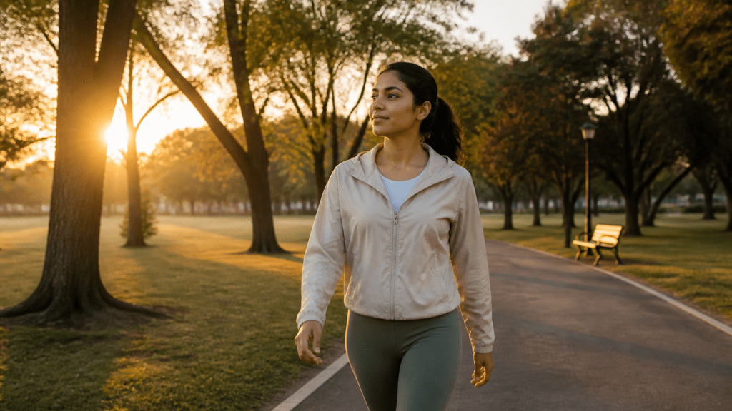 Persona caminando en parque al amanecer como hábito saludable para una vida más larga.