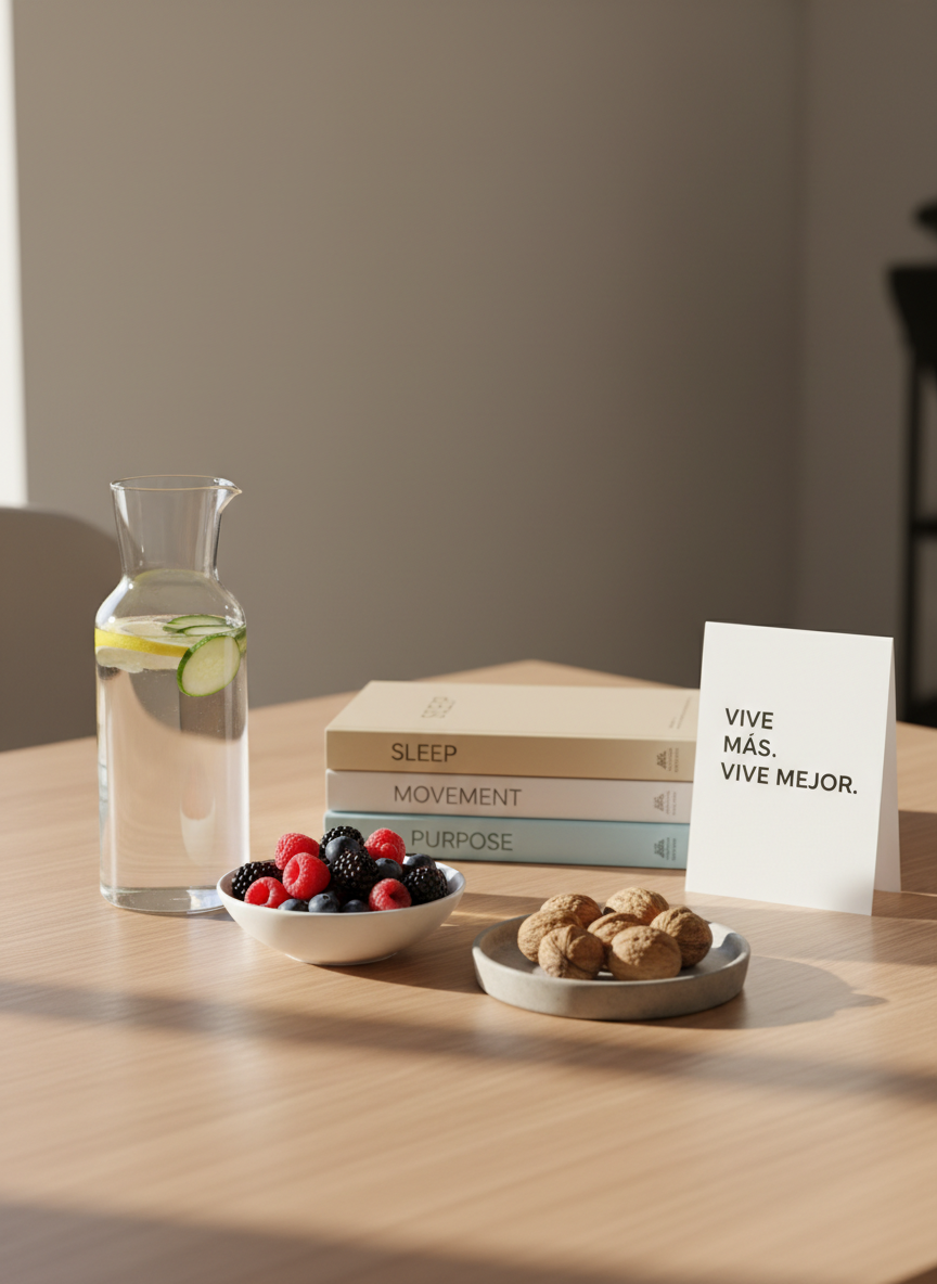 A meticulously arranged still life of longevity staples on a smooth, pale oak table: a crystal carafe of clear water with slices of lemon and cucumber, a small porcelain bowl of mixed berries, a handful of walnuts in a matte stone dish, and a neatly stacked trio of hardcover books titled with concepts like sleep, movement, and purpose. Soft morning sunlight enters from the left through an unseen window, casting crisp yet gentle shadows and subtle reflections on the tabletop. Shot at eye level with shallow depth of field, the foreground objects are in razor-sharp photographic focus while the background fades into a soft, elegant blur. The mood is calm, sophisticated, and aspirational, with a clean, modern realism that communicates ‘Vive más. Vive mejor.’ without any clutter.