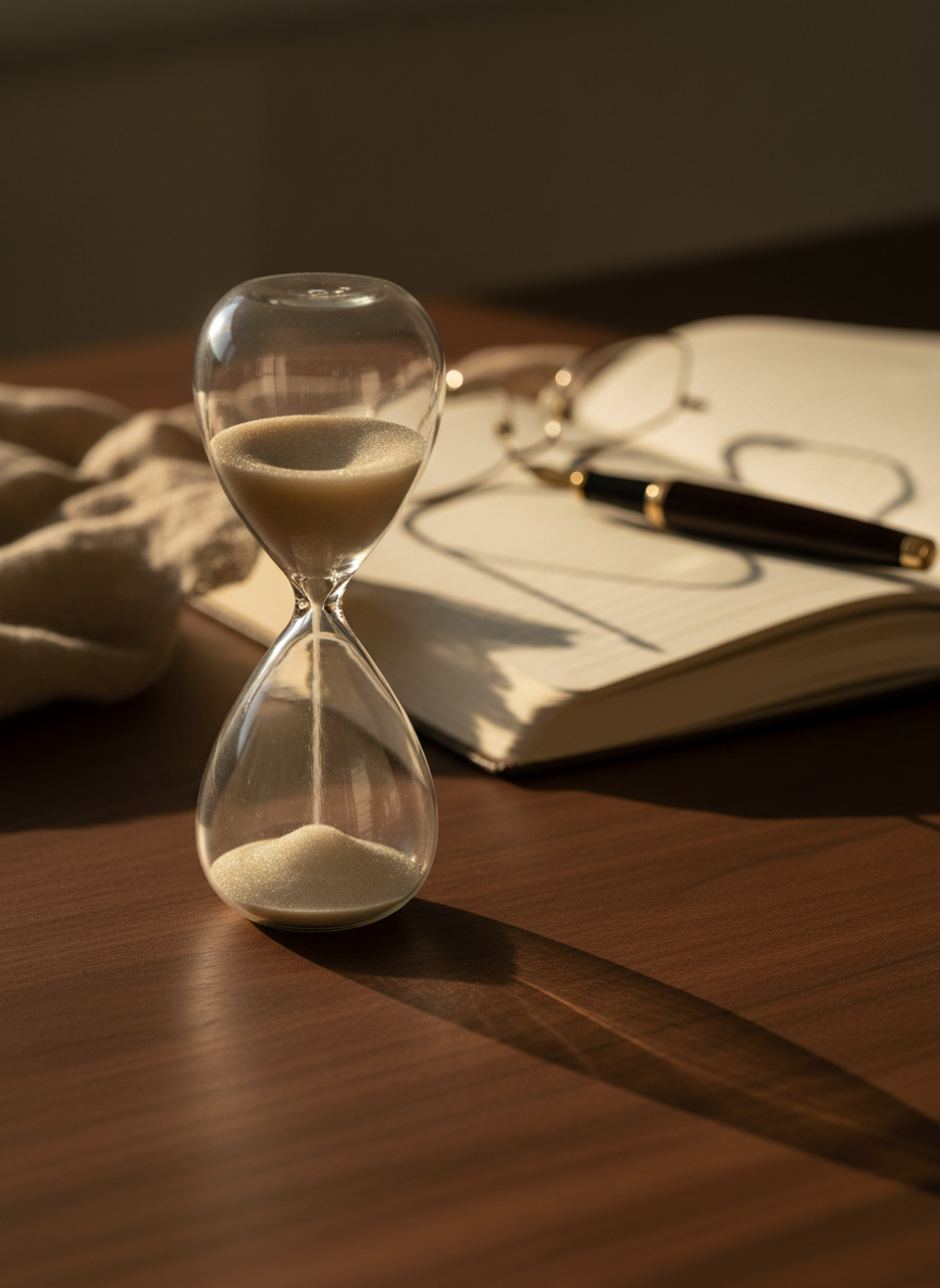 An elegant glass hourglass filled with fine, pale golden sand is positioned on a dark walnut desk with a velvety matte finish. Behind it, slightly out of focus, lies an open linen-bound journal with a fountain pen resting diagonally across its pages, and a neatly folded pair of reading glasses. Late afternoon light filters in from the right, creating a warm, golden glow that illuminates the hourglass edges and makes the sand glimmer as it falls, while casting elongated, graceful shadows. Captured at a slightly low angle with the hourglass off-center using the rule of thirds, the composition feels contemplative and refined. The photographic style is crisp and modern, emphasizing texture and subtle reflections, evoking a sense of time intentionally shaped for a longer, better life.