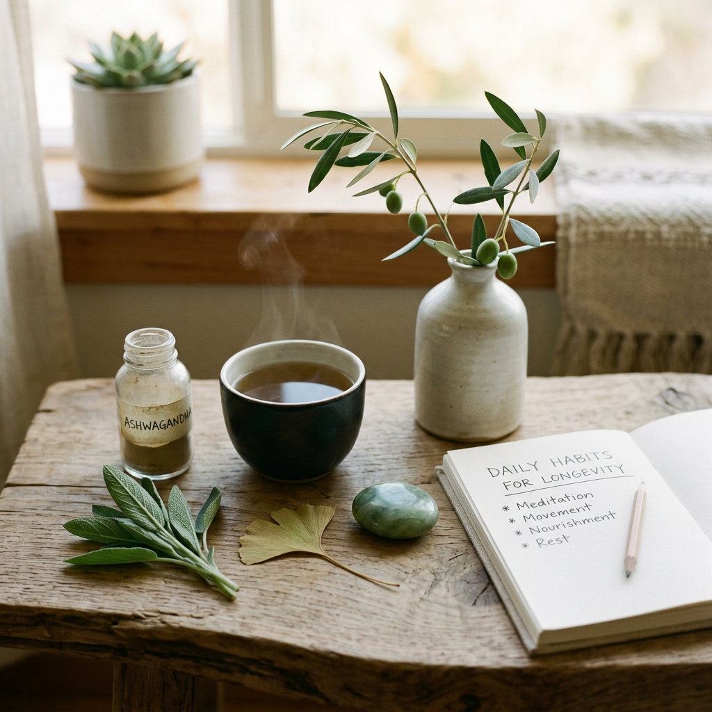 Herbal powder labeled Ashwagandha, steaming tea cup, fresh herbs, and notebook with wellness habits