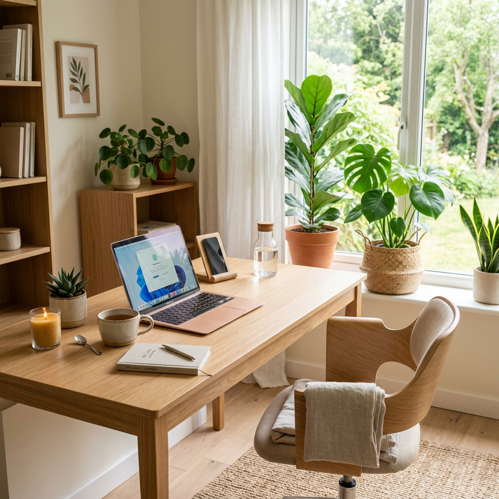Wooden desk with laptop, notebook, coffee mug, candle, plants, and a rolling chair near window
