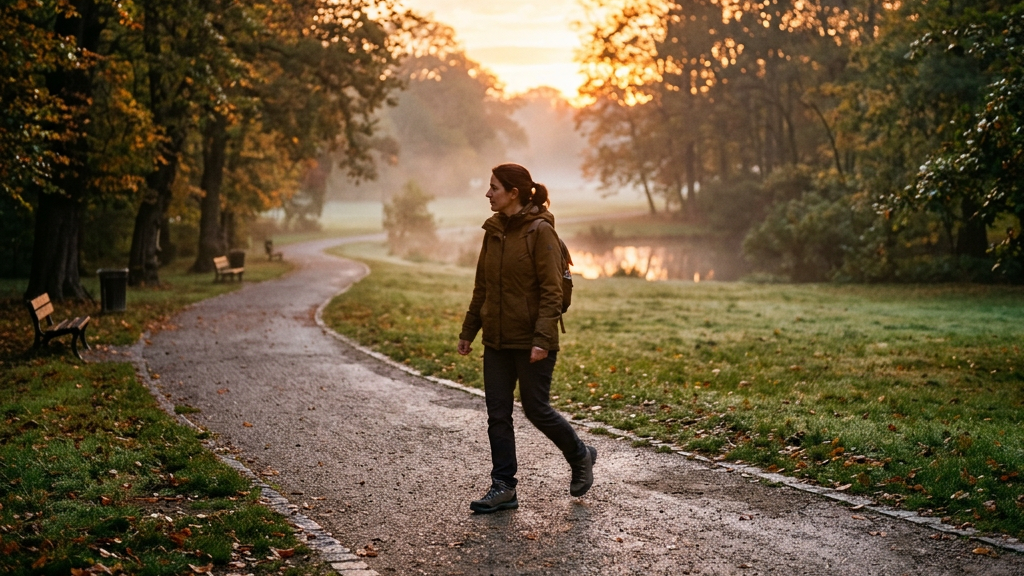 Person walking on a winding path in a wooded park during autumn sunrise
