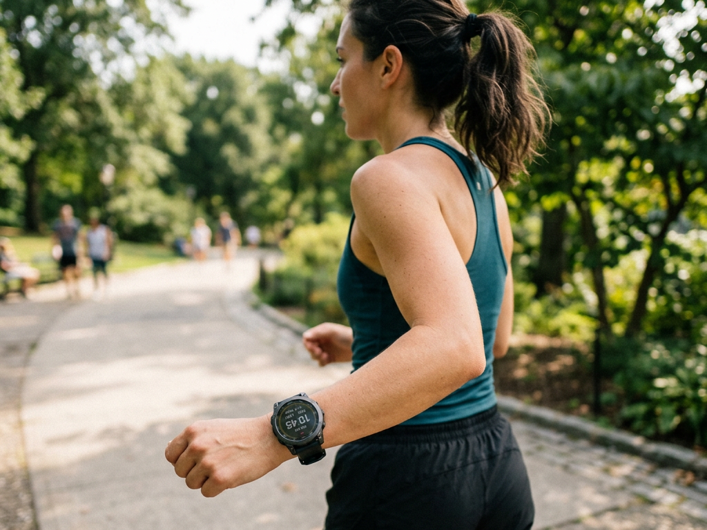 Woman running on a park path wearing athletic clothing and a smartwatch
