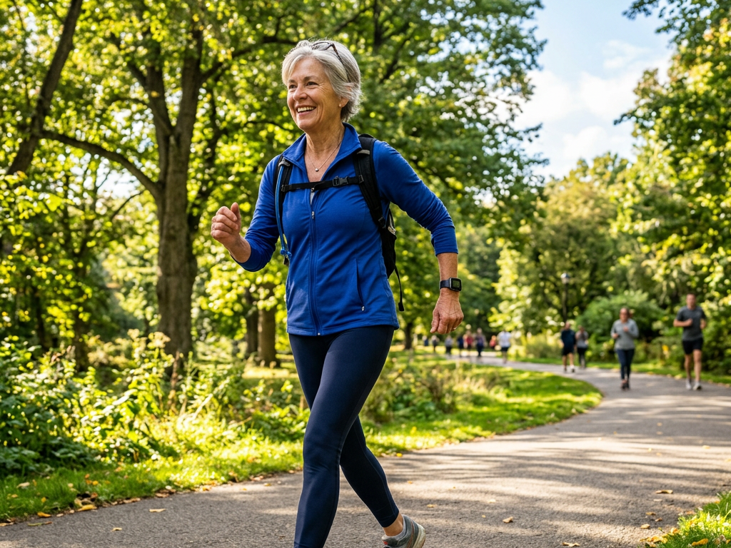 Older woman walking briskly on a park path surrounded by green trees