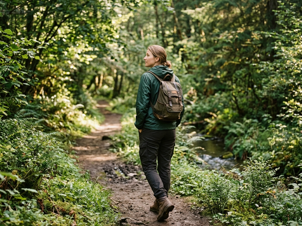 Woman walking on a dirt trail in a green forest wearing a backpack