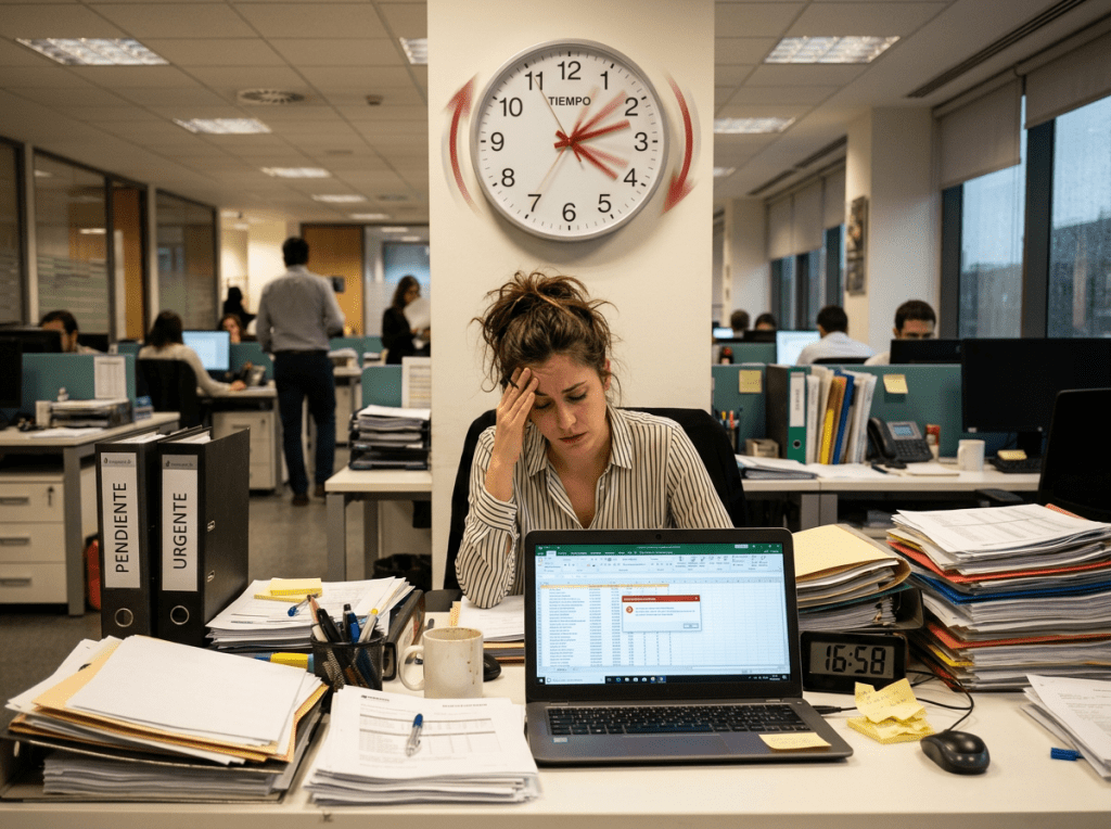Office worker stressed at cluttered desk with urgent and pending folders and laptop error