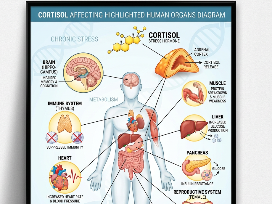 Diagram of human body highlighting organs affected by cortisol with descriptions of effects