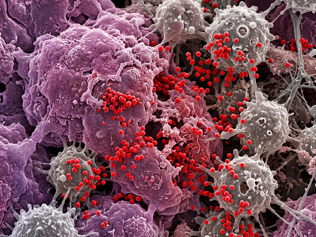 SARS-CoV-2 virus particles (red) attached to and emerging from infected human cells (purple and gray)
