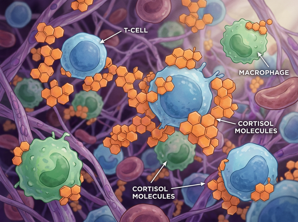 T-cells and macrophages with cortisol molecules in a cellular environment