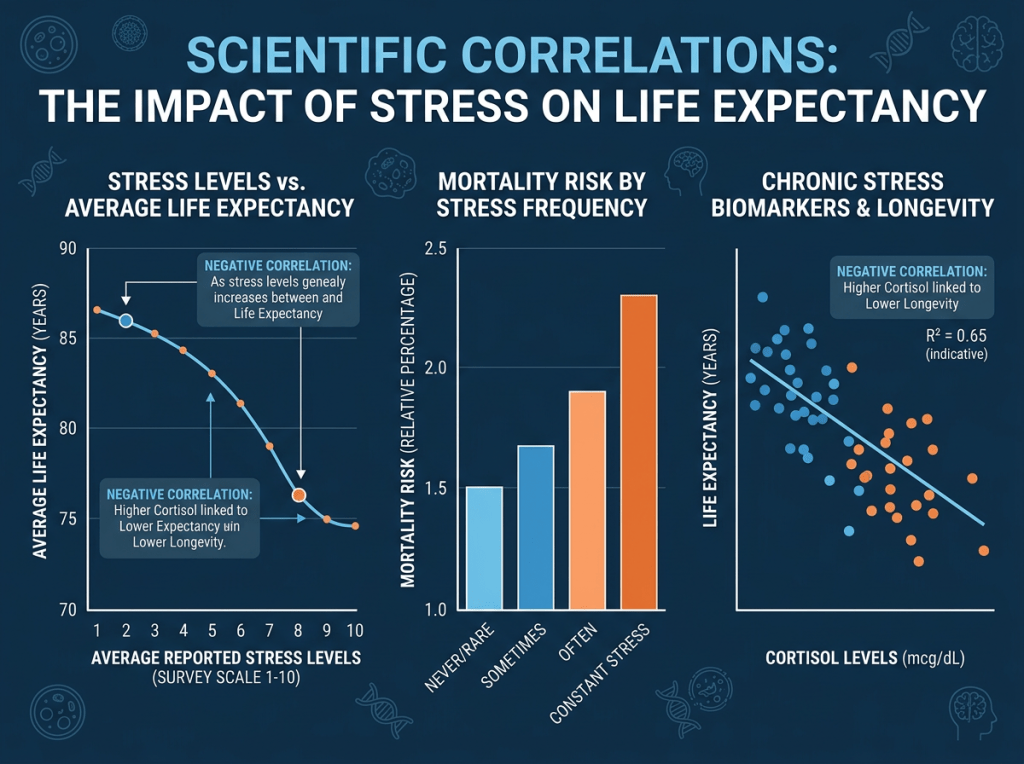 Graphs showing correlation between stress levels, cortisol biomarkers, and life expectancy