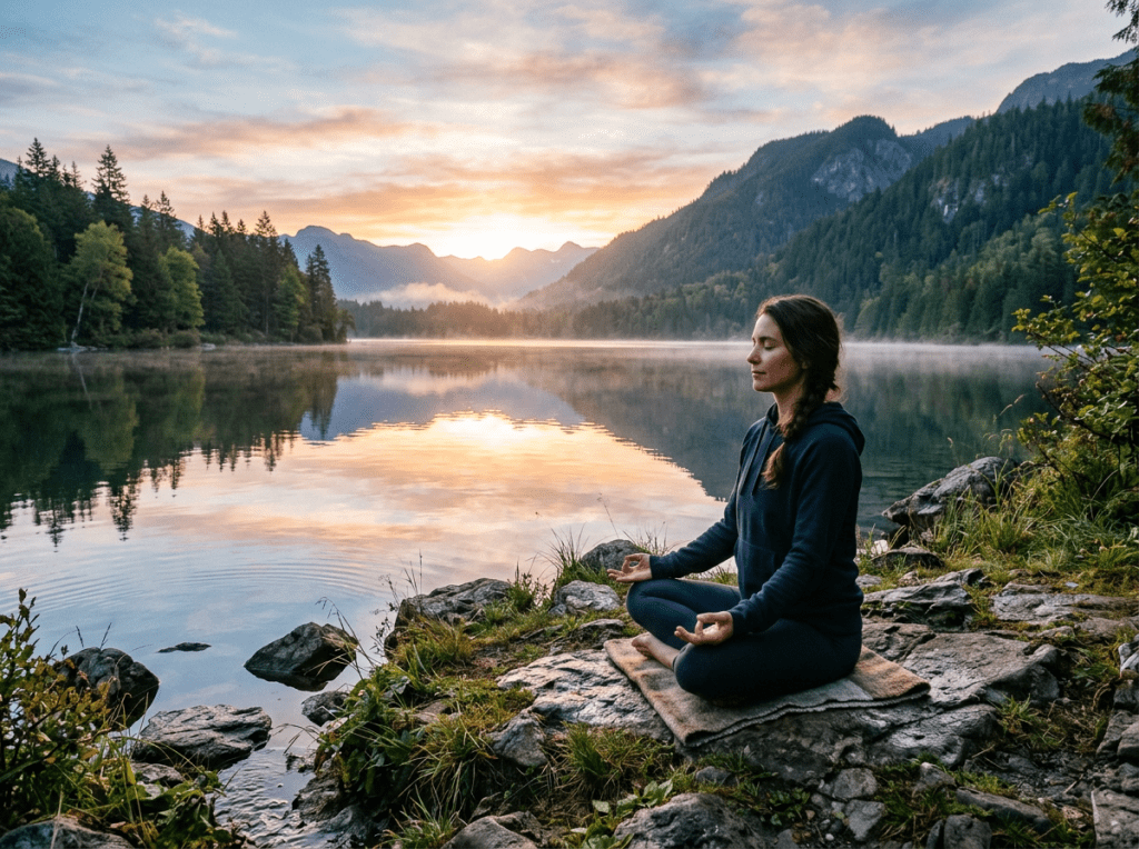 Woman meditating cross-legged on rocks by a calm lake with mountain and forest background at sunrise