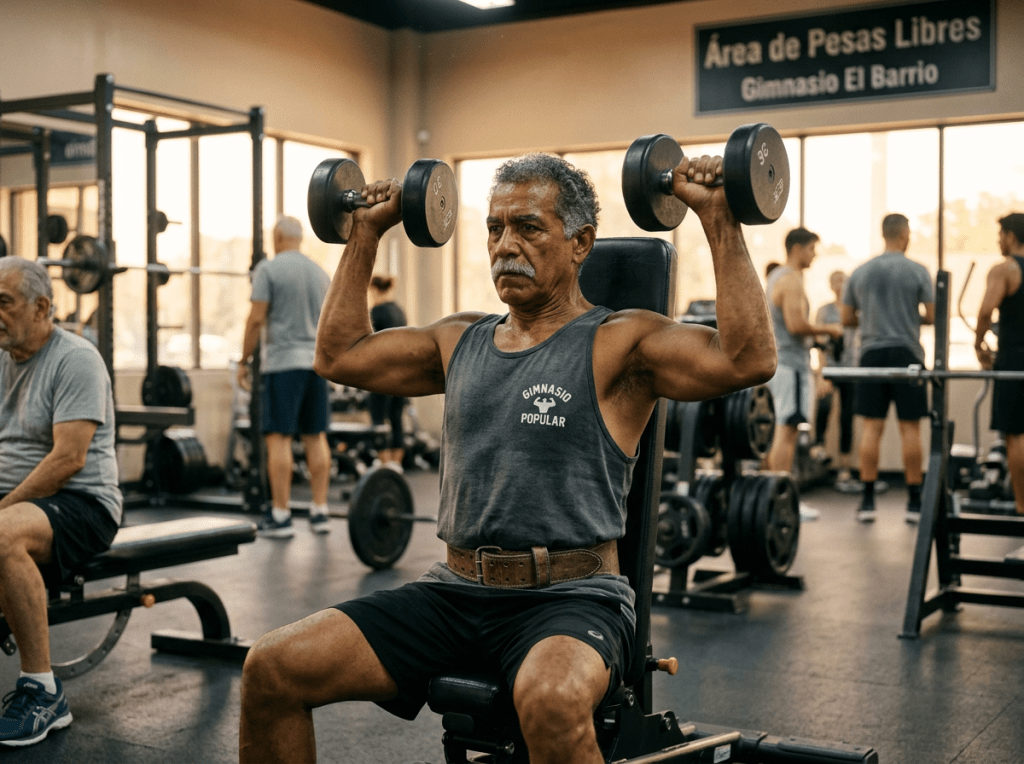 Adulto mayor hispano realizando entrenamiento de fuerza con mancuernas en un gimnasio moderno y bien iluminado.