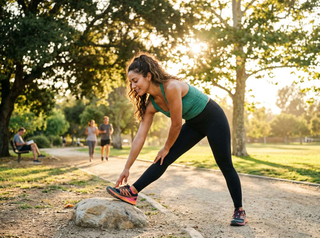 Mujer latina activa de mediana edad estirando su brazo en un parque soleado, mostrando tono muscular saludable.