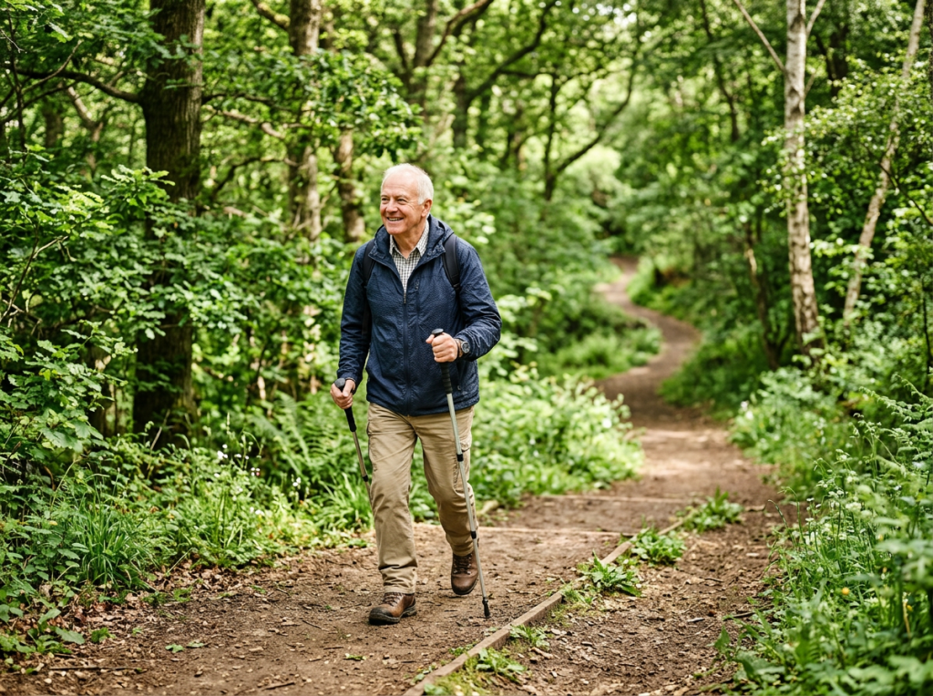 Smiling senior man hiking on forest trail with walking poles