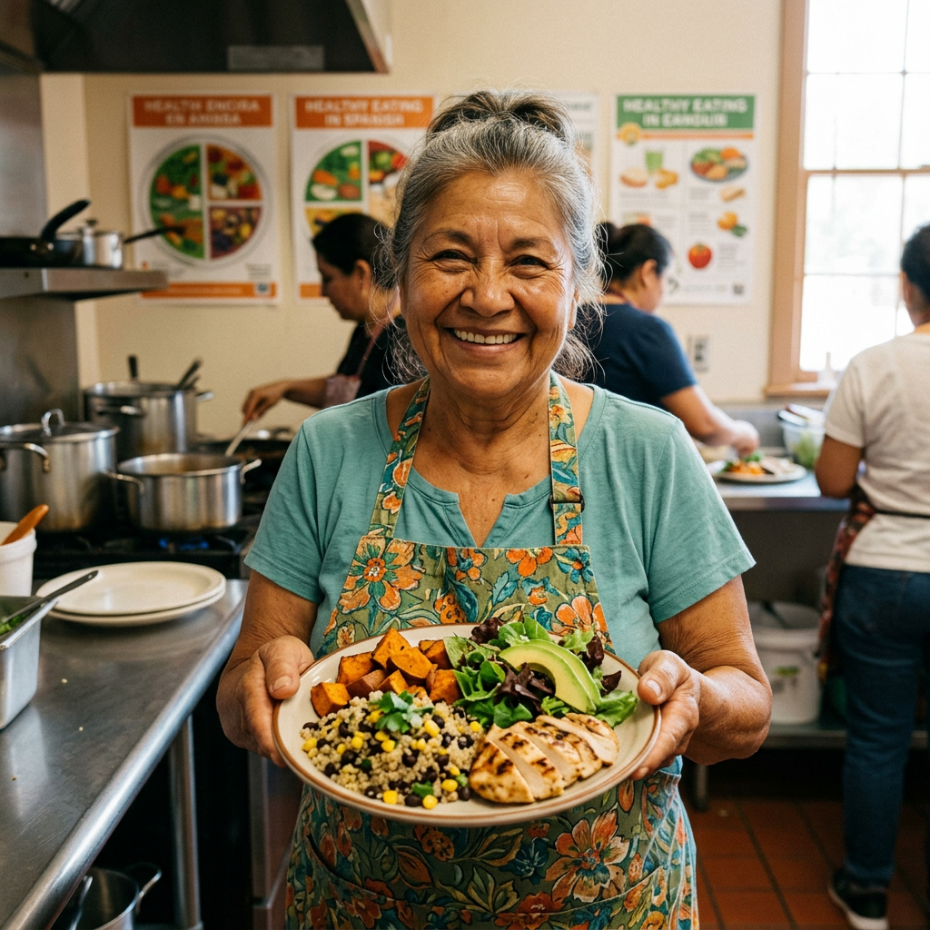 Older woman holding a plate with grilled chicken, salad, quinoa, and roasted vegetables in a kitchen.