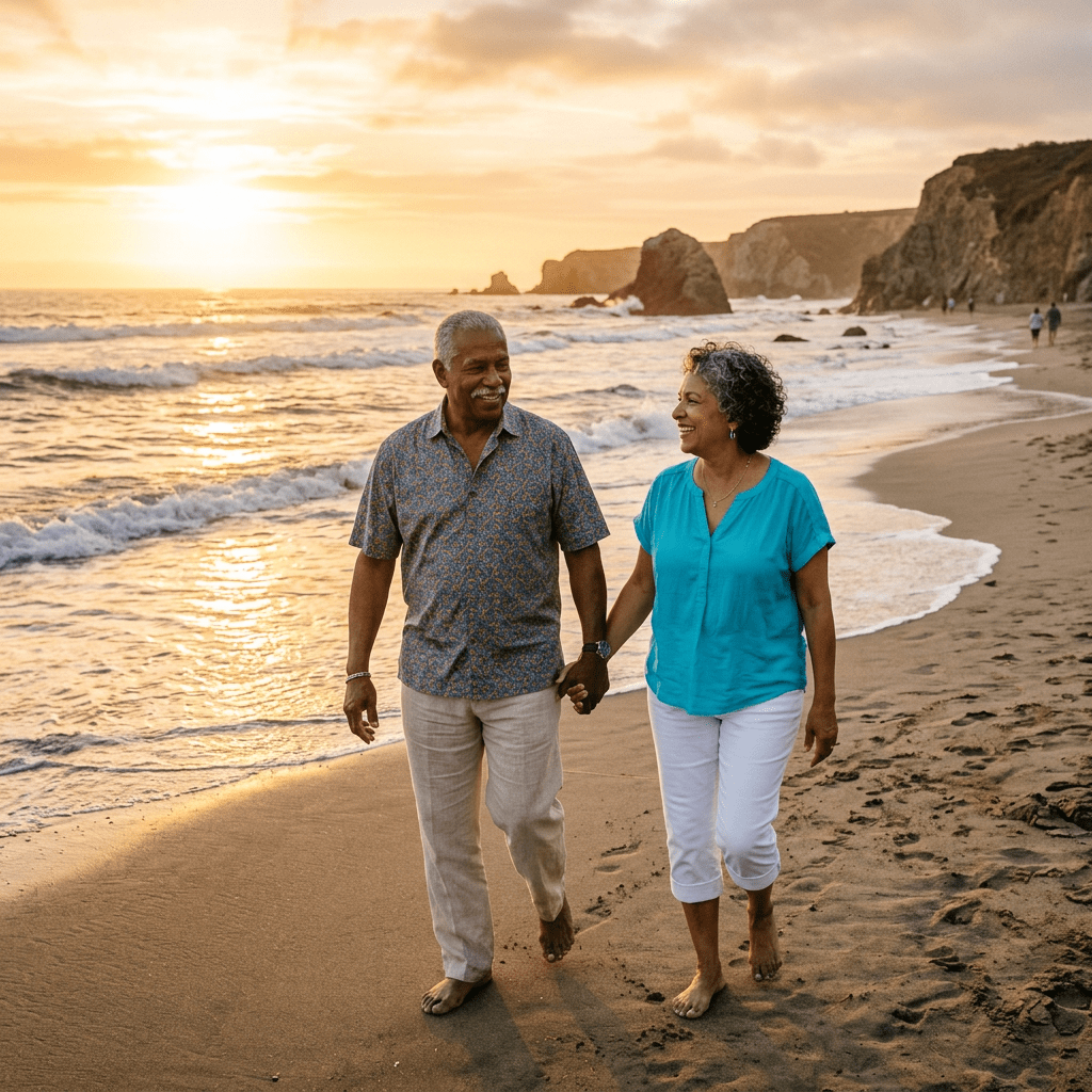 Senior man and woman walking barefoot on beach holding hands at sunset